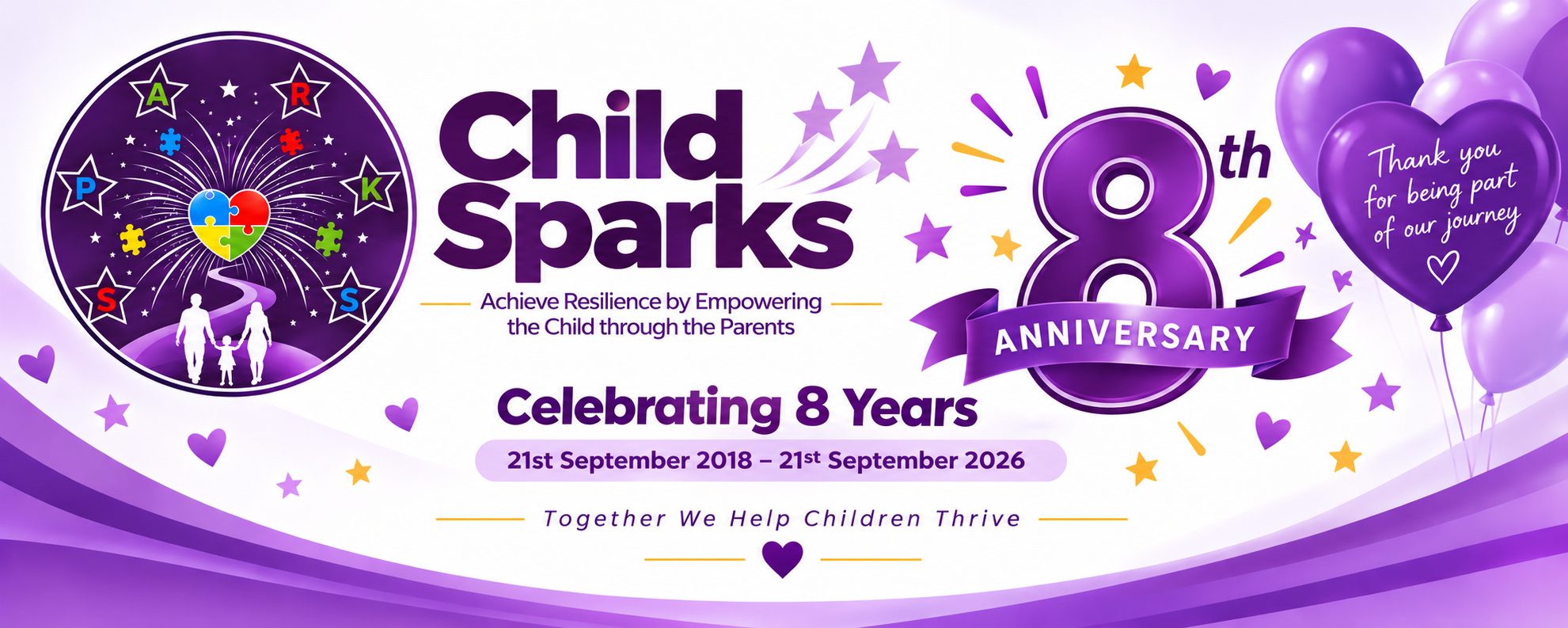CHILD SPARKS 8th Anniversary. Celebrating 8 Years, 21st September 2018 – 21st September 2026. Thank you for being part of our journey. Together we help children thrive.