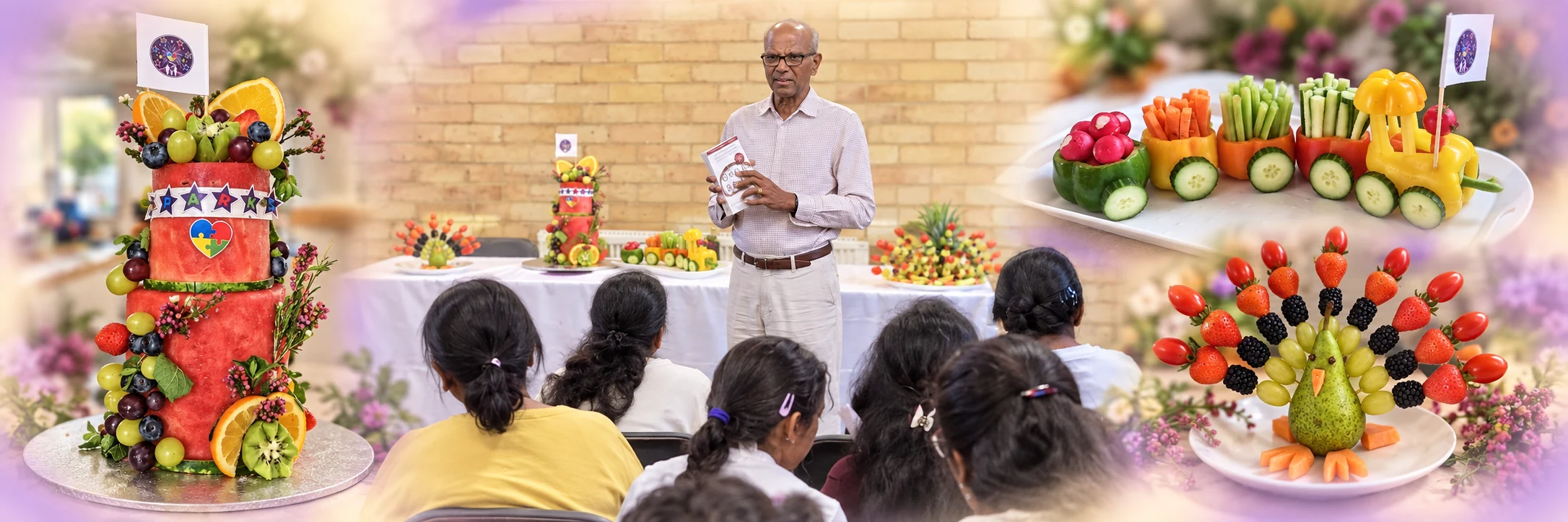 Softly blended photos of Harrow’s anniversary celebration: a watermelon cake, vegetable train, fruit peacock, a doctor addressing families and the decorated Sparks display table.